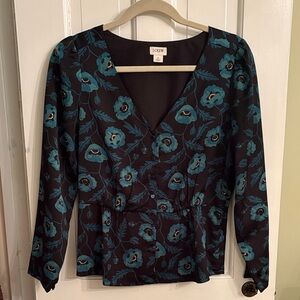 J. Crew Women's Floral V-Neck Top - Black and Teal